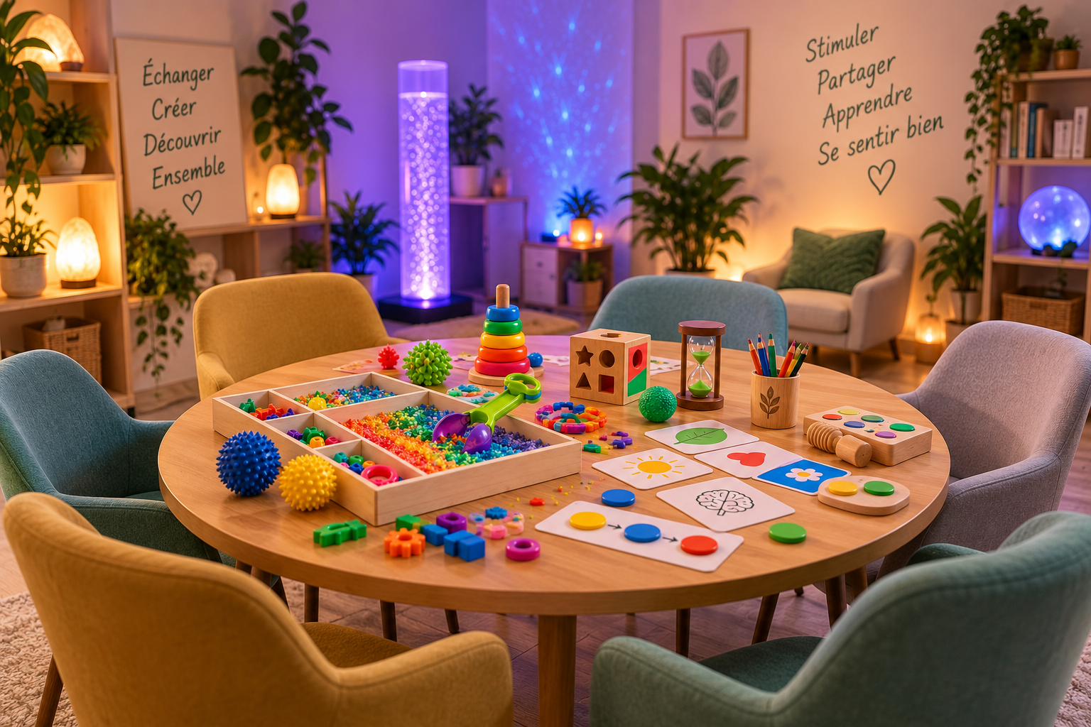 Atelier collectif cognitif sensoriel et coordination autour d'une table